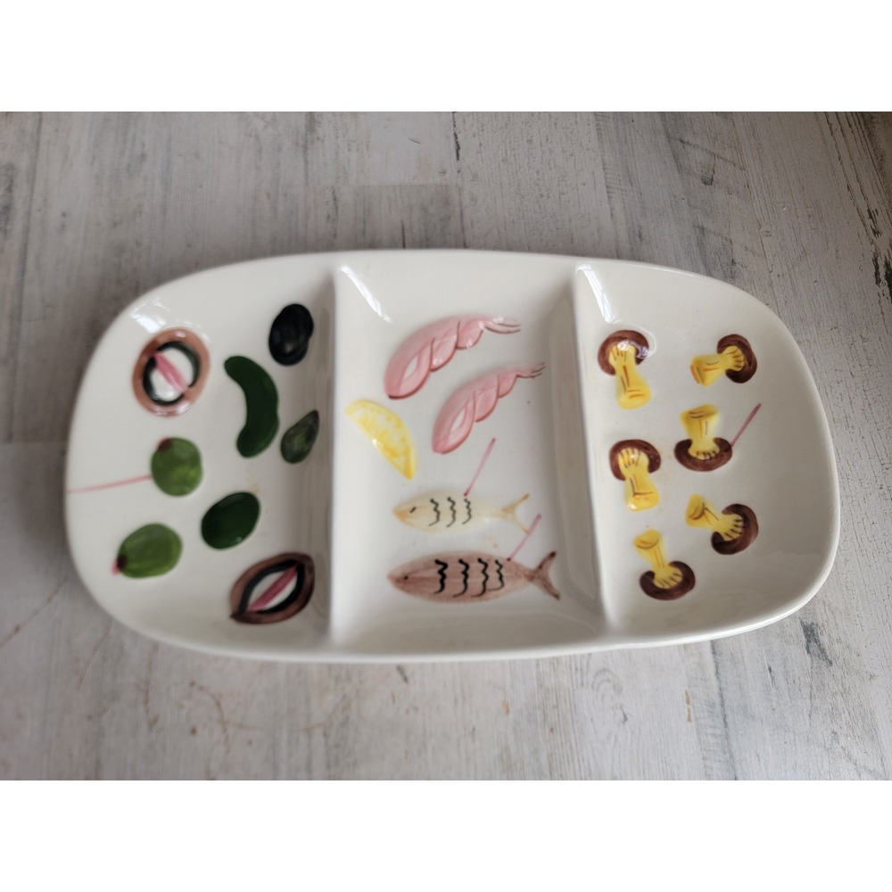 Los Angeles potteries vintage divided decorative food plate fish shrimp mushroom